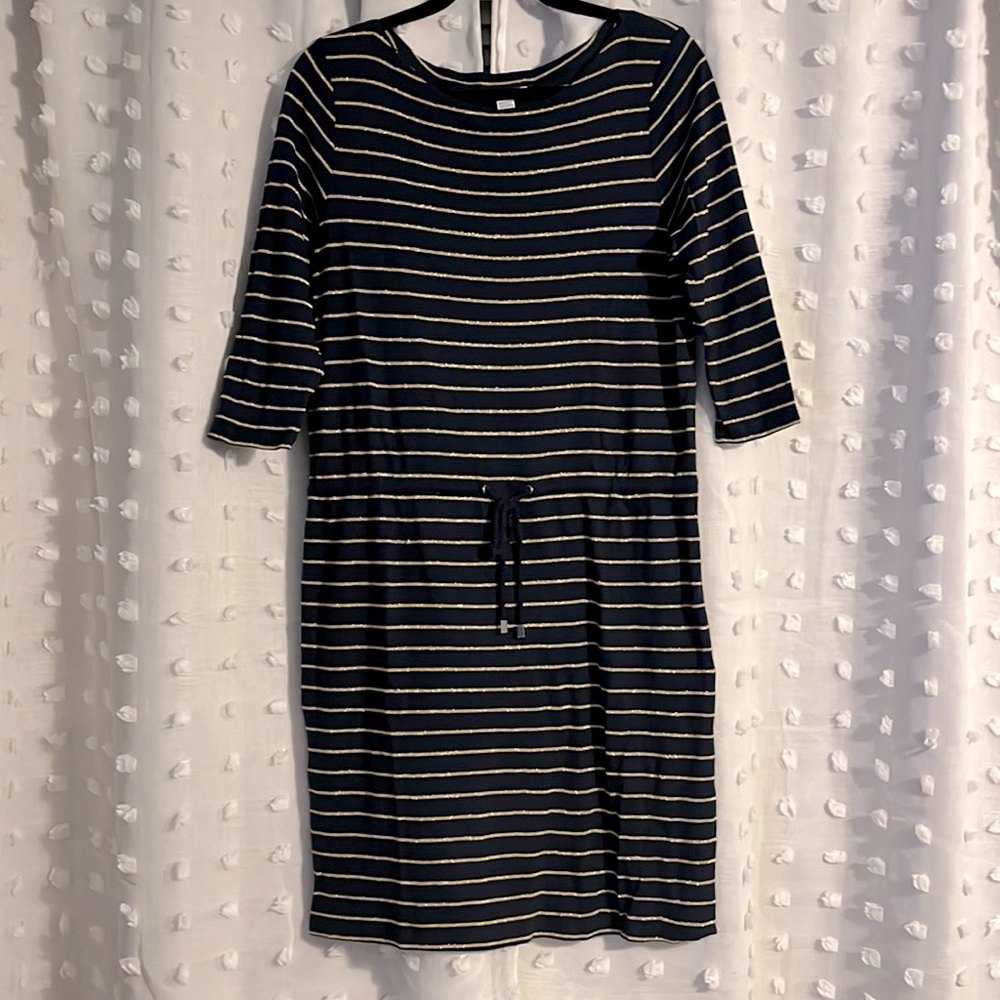 Charter Club Navy Blue Long Sleeved Gold Striped Dress with Tie Waist Size Large